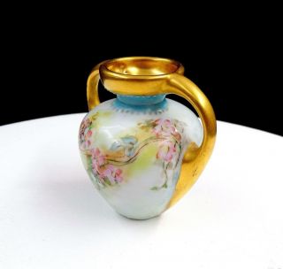 FRENCH PORCELAIN BLUE & PINK ENAMEL FLORAL GOLD DOUBLE HANDLE 3 