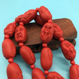 CHINESE CINNABAR NECKLACE HAND - CARVED BUDDHA HEAD STATUE G80 4