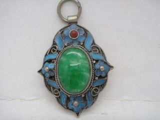 Chinese Handwork Tibet - Silver Inlay Old Green Jade Cloisonne Blue Flower Pendant