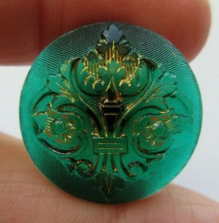 Magnificent Antique Vtg Victorian Emerald Green Glass Button W/ Gold Luster (m)