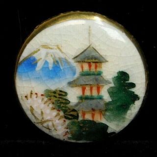 Fabulous Antique Button Satsuma Pagoda & Mt Fuji W Gold Border J