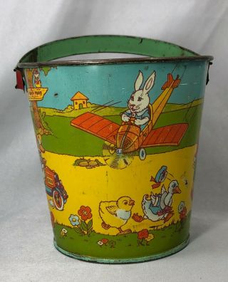 1930s J Chein & Co Tin Litho Sand Pail Easter Bunny Rabbit Airplane Chick Duck