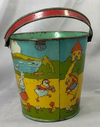 1930s J CHEIN & Co TIN Litho SAND PAIL Easter Bunny RABBIT AIRPLANE Chick DUCK 3