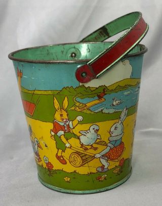 1930s J CHEIN & Co TIN Litho SAND PAIL Easter Bunny RABBIT AIRPLANE Chick DUCK 6