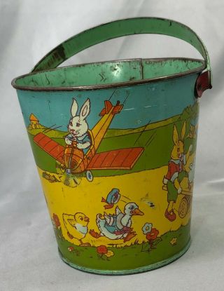 1930s J CHEIN & Co TIN Litho SAND PAIL Easter Bunny RABBIT AIRPLANE Chick DUCK 7