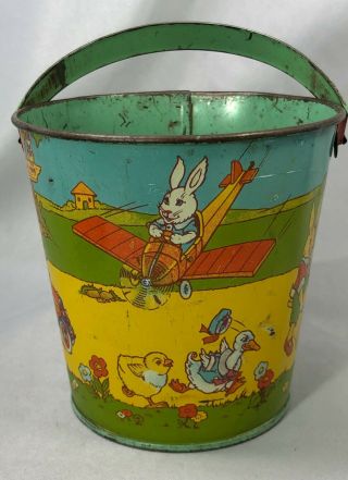 1930s J CHEIN & Co TIN Litho SAND PAIL Easter Bunny RABBIT AIRPLANE Chick DUCK 8