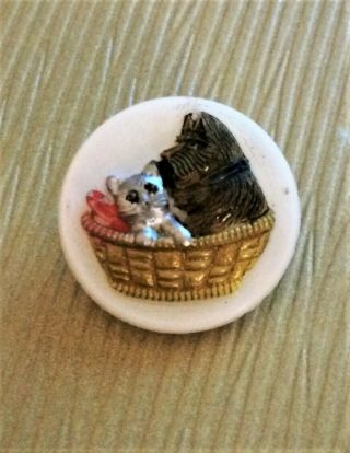 Vintage Hand Painted Chilrens Button - Cat & Scottie Dog In Basket