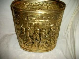 ENGLISH BRASS TRASH CAN WASTE BASKET EMBOSSED PUB SCENE PEERAGE MID CENTURY 2