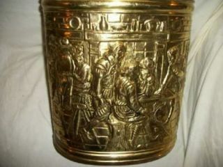 ENGLISH BRASS TRASH CAN WASTE BASKET EMBOSSED PUB SCENE PEERAGE MID CENTURY 6