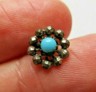 Delicate Antique Vtg Victorian Turquoise Glass In Metal Button Cut Steels (m)