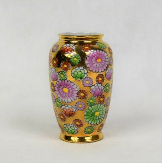 Vintage Japanese Small Porcelain Floral Vase,  Gold,  Signed