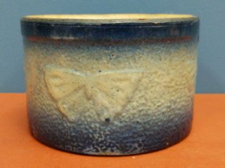 Vtg Salt Glazed Blue Butterfly Stoneware Butter Crock