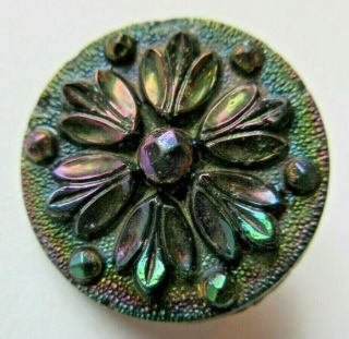 Magnificent Antique Vtg Victorian Black Glass Button W/ Carnival Luster 1 " (m)