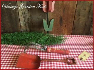 Vintage Antique Garden Tools Old Red Paint Shovel & Claw Prim Gift Tag
