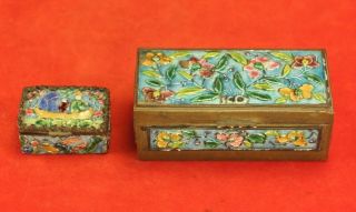 Pair Vintage Chinese Brass And Enamel Boxes - Boat Scene