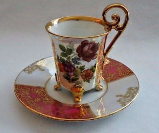 Vintage Floral Gold Gilt Lorenz & Sohn Bavaria Porcelain Demitasse Cup & Saucer