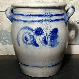 Antique 1800’s Salt Glaze Stoneware Crock W/ Handles Cobalt Decoration
