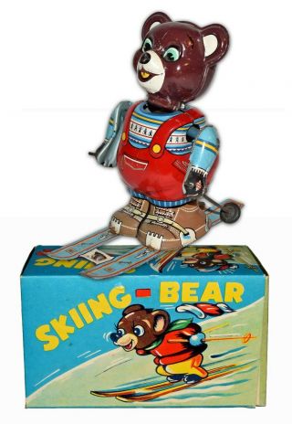 Boxed Japanese Tin Skiing Bear By Yoshi -