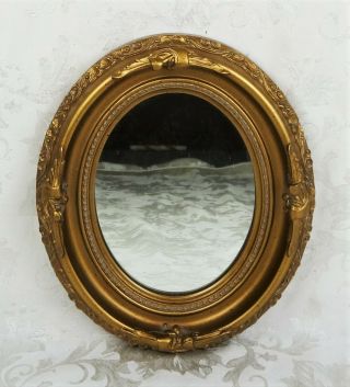 Vintage Baroque Style Oval Wooden Frame W/ Gold Gesso Wall Hanging Mirror