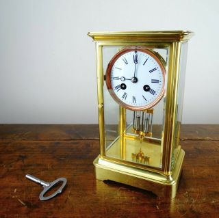 Antique French Crystal Four Glass Mantel Clock Brass Chiming Regulator 8 Day