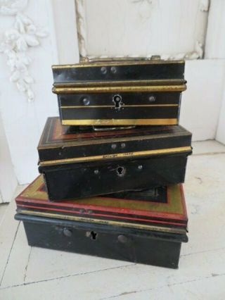 3 Old Vintage Black Metal Boxes Lids With Handles Keys English Make