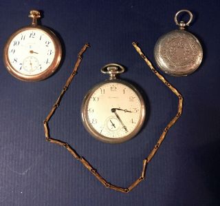 (3) Vintage Pocket Watches Elgin Ingersoll Reliance 0.  800 Silver Swiss