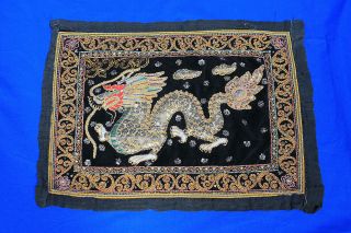 Antique Chinese Embroiderd Silk Dragon Tapestry W/ Sterling Silver 17 " X 24 "