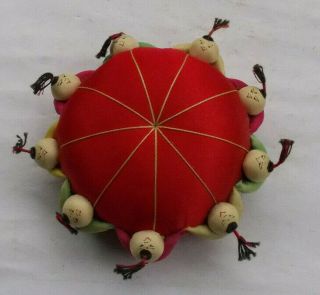 Rare Vintage 5 " Oriental Pin Cushion Red Faces Figural Heads Sewing Look Wow Nr