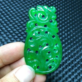 Rare Collectible Green Jadeite Jade Hollow Out Dragon & Flower Chinese Pendant