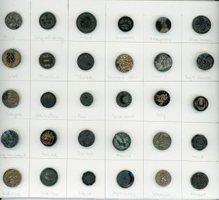 29 Small And One Medium Size Black Glass Pictorial Buttons.