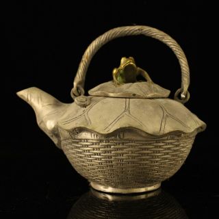 Chinese Old Copper Plating Silver Hand - Made Gold Drawing Lotus Leaf Teapot E01a