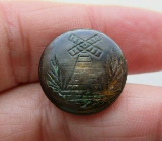 Wonderful Antique Vtg Carved Horn Picture Button Incised Windmill Design (t)