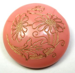 Bb Antique Victorian Glass Button Pink Nouveau Flowers W/ Gold Luster - 7/8 "