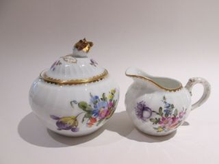 Antique German Nymphenburg Porcelain Sugar Bowl & Creamer Flowers Gilt