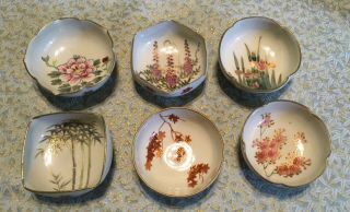 6 Vintage Japanese Miniature Hand Painted Decorative Bowls,  2 1/4 " By 1”
