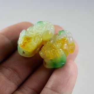 A Pair Chinese Hand - Carved Pixiu Statue Green Yellow Jade Pendants Collect 6425