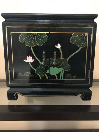 Japanese Lotus Leaf Black Wood Heavy Jewelry Lacquer Box Chest Cabinet Buddha