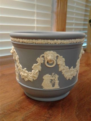 Vintage Wedgwood Blue Jasperware Cache Pot Planter England Lion Greek Motif