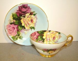 Vintage Stanley Cup & Saucer Large Red Pink & Yellow Roses On Blue