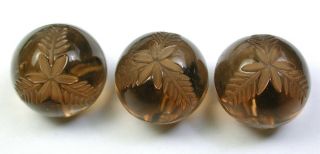 Bb 3 Antique Glass Ball Buttons With Flower & Leaf Mold Design - 5/8 "