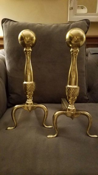 Set Of 2 Brass Andirons Vintage Cannonball Top Early 1980 