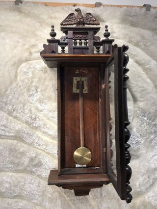 VTG ANTIQUE GERMANEY VIENNA STRIKES WALL CLOCK W 2 BRASS WEIGH & BRASS PENDULUM 10