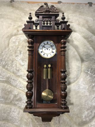 VTG ANTIQUE GERMANEY VIENNA STRIKES WALL CLOCK W 2 BRASS WEIGH & BRASS PENDULUM 11