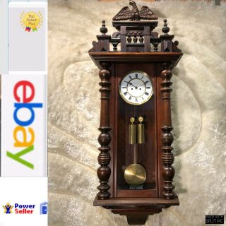 Vtg Antique Germaney Vienna Strikes Wall Clock W 2 Brass Weigh & Brass Pendulum