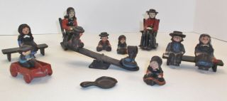Vintage Wales Japan Miniature Cast Iron Metal Amish Quaker Family Salt Pepper