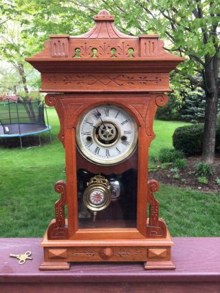 Oak Waterbury Kitchen Or Gingerbread Antique Clock Glass Pendulum - Runs