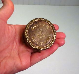 Antique Victorian Gilt Gold Finish Metal Collar Button Sewing Trinket Box Tin
