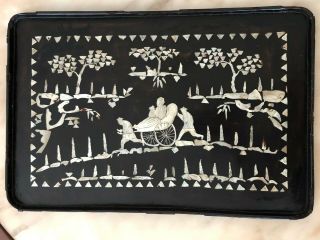 Old Antique Chinese Black Lacquer & Mother Of Pearl Large Plate Tray