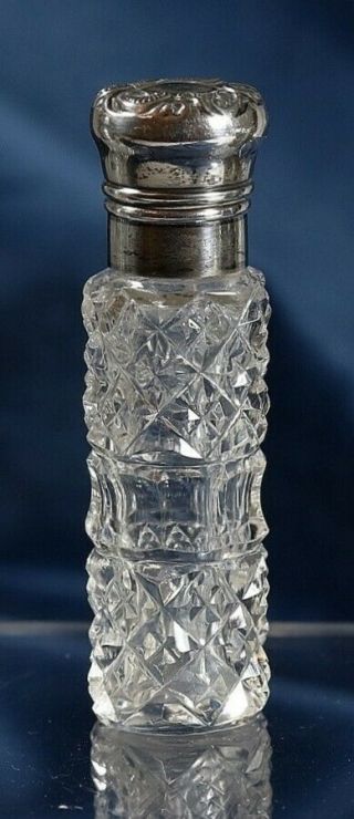 Antique Cut Crystal Glass & Sterling Silver Mini Purse Perfume Scent Bottle - 1900