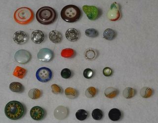 Sewing Buttons Antique Glass China 35 Small Fruit Painted Matches Old